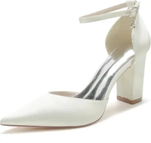 Women Pointed Block Chunky Heel Bride Bridesmaid Pumps for Ankle Strap Heeled Sandals Wedding Dress Shoes