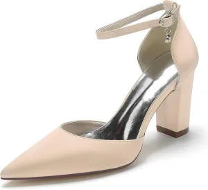 Women Pointed Block Chunky Heel Bride Bridesmaid Pumps for Ankle Strap Heeled Sandals Wedding Dress Shoes