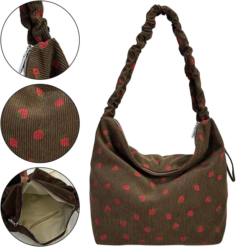 Women Strawberry Printed Shoulder Bag with Ruched Strap Strawberry Pattern Satchel Bag Corduroy Large Capacity Aest