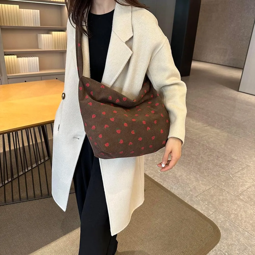 Women Strawberry Printed Shoulder Bag with Ruched Strap Strawberry Pattern Satchel Bag Corduroy Large Capacity Aest