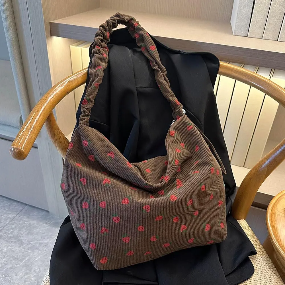 Women Strawberry Printed Shoulder Bag with Ruched Strap Strawberry Pattern Satchel Bag Corduroy Large Capacity Aest