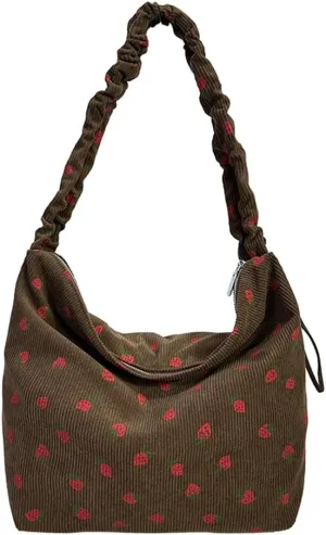 Women Strawberry Printed Shoulder Bag with Ruched Strap Strawberry Pattern Satchel Bag Corduroy Large Capacity Aest