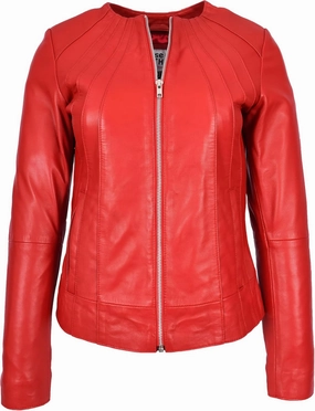 Women's Aviator Collarless Leather Jacket, Red, Size 12