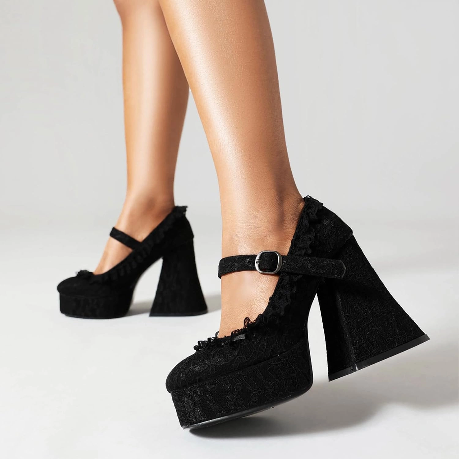 Women's Chunky High Heel Mary Janes Gothic Lolita Shoes Pumps Lace Flower Gothic Heels Cosplay Platform Shoes