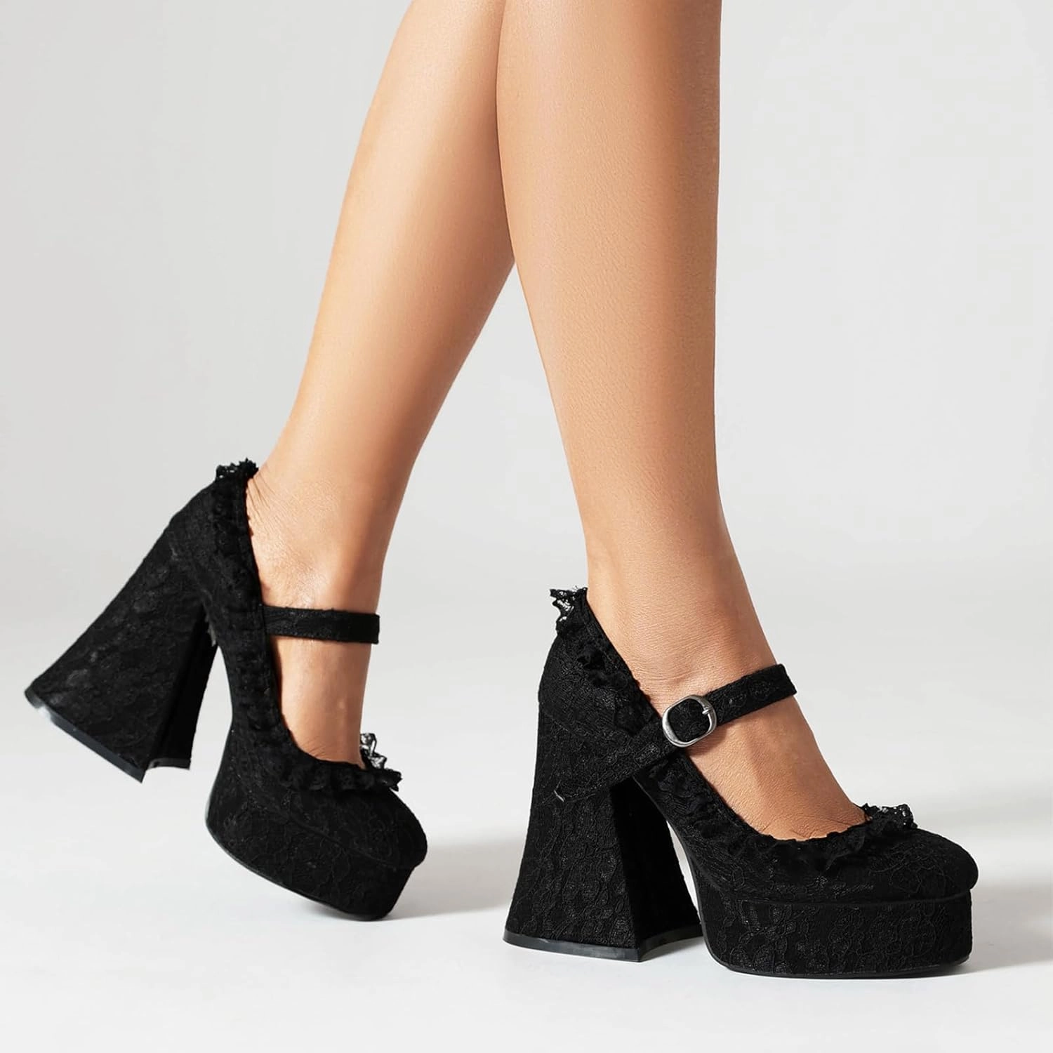 Women's Chunky High Heel Mary Janes Gothic Lolita Shoes Pumps Lace Flower Gothic Heels Cosplay Platform Shoes