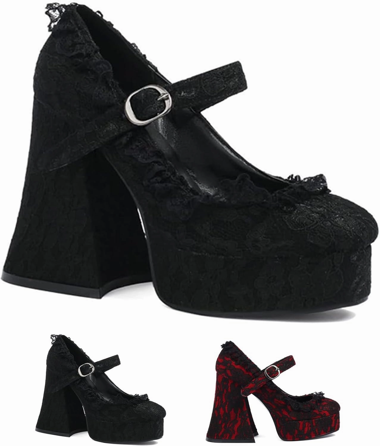 Women's Chunky High Heel Mary Janes Gothic Lolita Shoes Pumps Lace Flower Gothic Heels Cosplay Platform Shoes