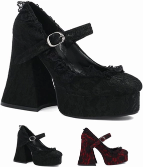 Women's Chunky High Heel Mary Janes Gothic Lolita Shoes Pumps Lace Flower Gothic Heels Cosplay Platform Shoes