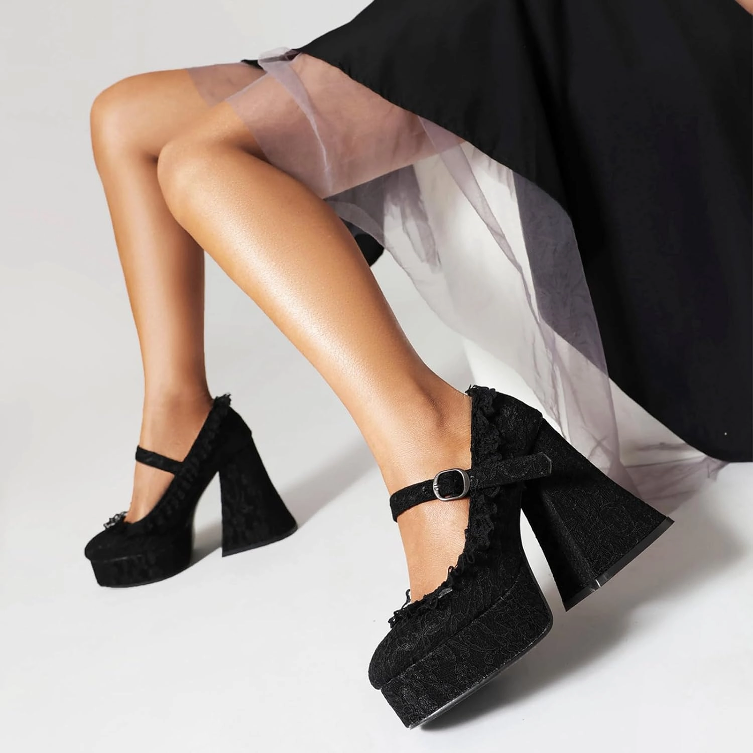 Women's Chunky High Heel Mary Janes Gothic Lolita Shoes Pumps Lace Flower Gothic Heels Cosplay Platform Shoes
