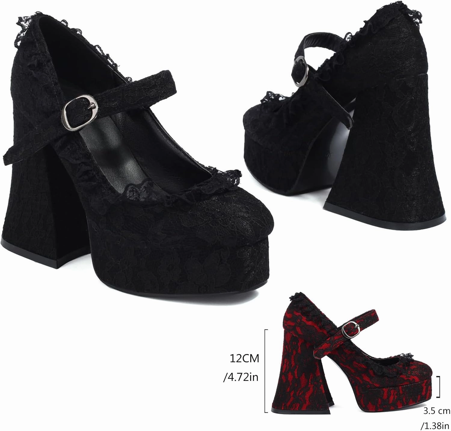 Women's Chunky High Heel Mary Janes Gothic Lolita Shoes Pumps Lace Flower Gothic Heels Cosplay Platform Shoes