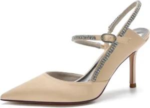 Women's Ankle Strap Prom Party Slingback Shoes Pumps Pointed Satin Wedding for Bride Comfortable Bridal Shoes with Crystal