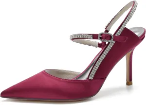 Women's Ankle Strap Prom Party Slingback Shoes Pumps Pointed Satin Wedding for Bride Comfortable Bridal Shoes with Crystal
