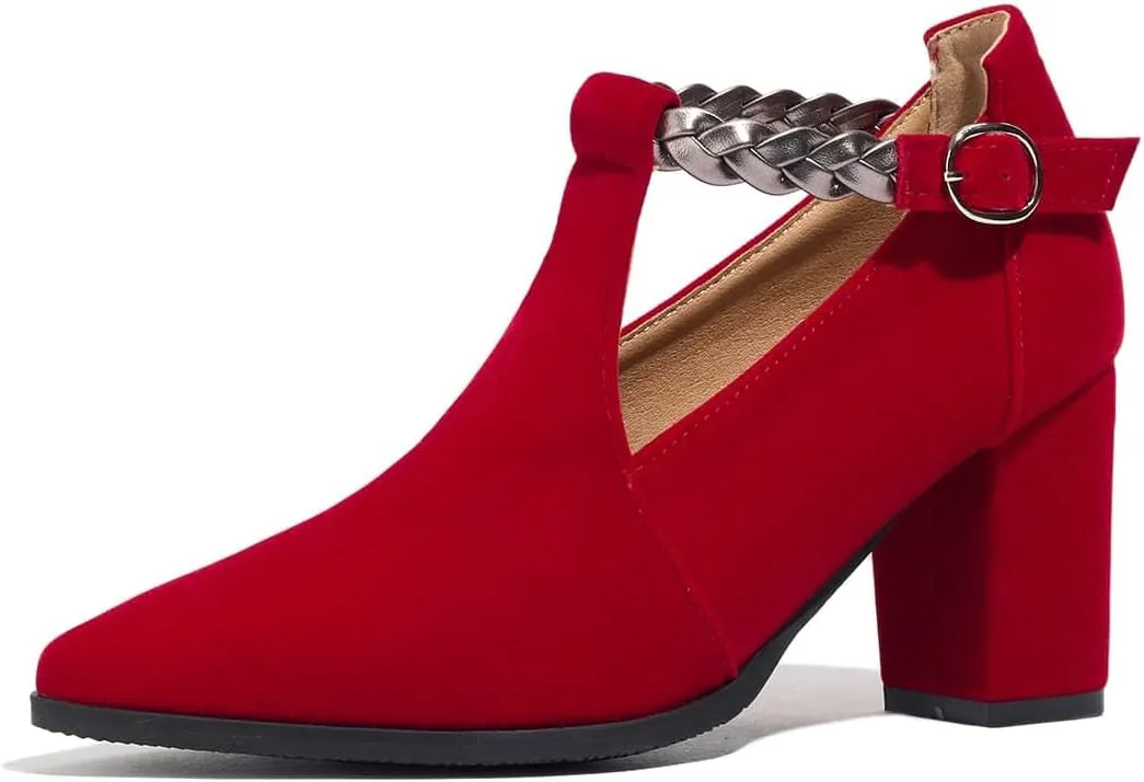 Women's Ankle Strap Suede Pumps Red Pointed Toe Chunky T-Strap Cut Heels Buckle Shoes