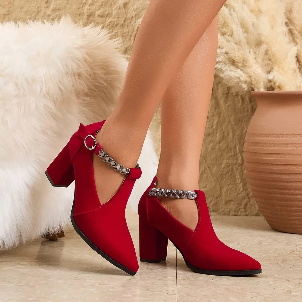 Women's Ankle Strap Suede Pumps Red Pointed Toe Chunky T-Strap Cut Heels Buckle Shoes