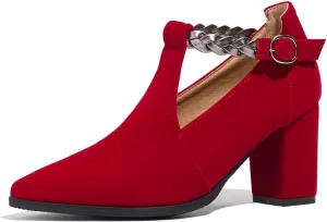 Women's Ankle Strap Suede Pumps Red Pointed Toe Chunky T-Strap Cut Heels Buckle Shoes