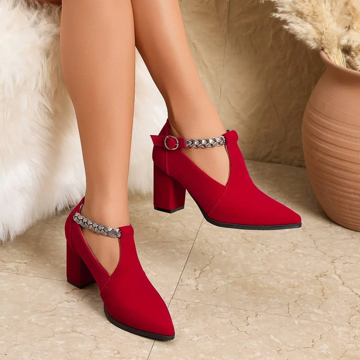 Women's Ankle Strap Suede Pumps Red Pointed Toe Chunky T-Strap Cut Heels Buckle Shoes