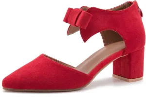 Women's Bow Pumps Chunky Low Block Heels Closed Toe Ankle Strap Wedding Pumps