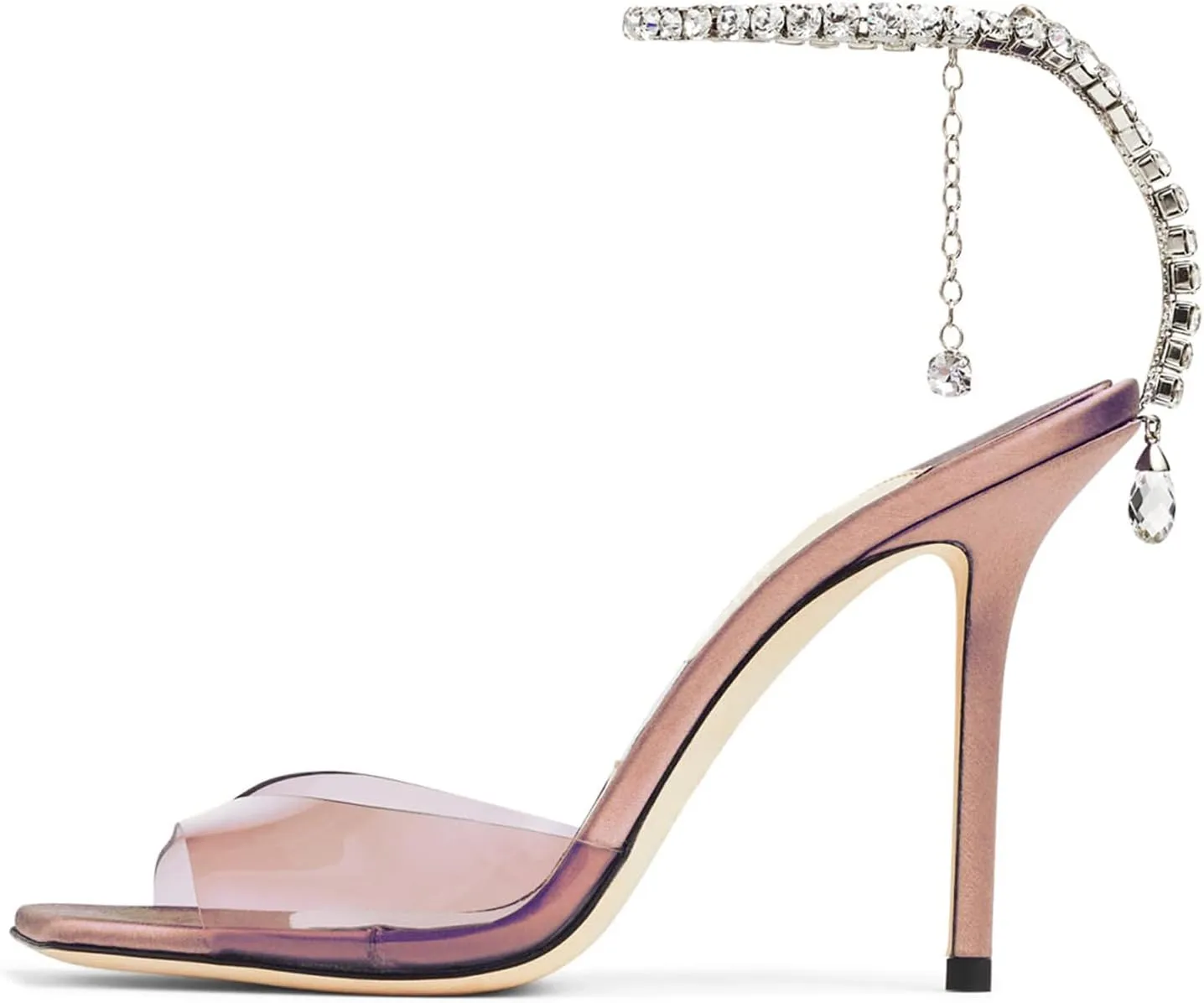 Women's Heeled Sandals Crystal Chain Ankle Strap Rhinestone Buckle Square Open Toe Stiletto High Heels Wedding Party Satin Dress Shoes
