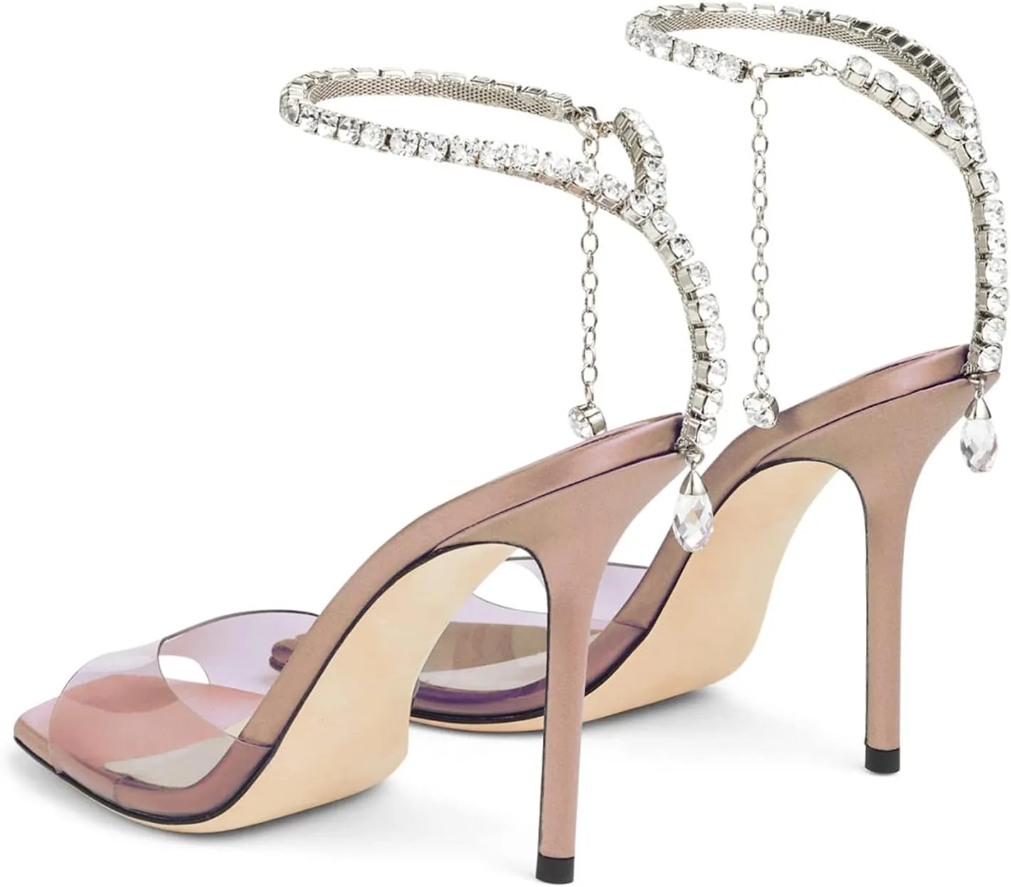 Women's Heeled Sandals Crystal Chain Ankle Strap Rhinestone Buckle Square Open Toe Stiletto High Heels Wedding Party Satin Dress Shoes