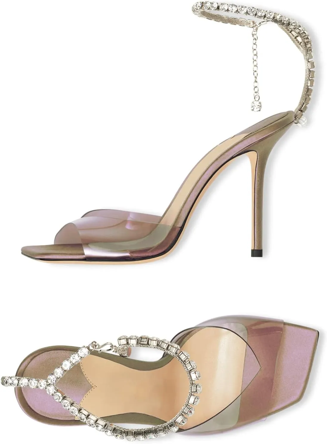 Women's Heeled Sandals Crystal Chain Ankle Strap Rhinestone Buckle Square Open Toe Stiletto High Heels Wedding Party Satin Dress Shoes