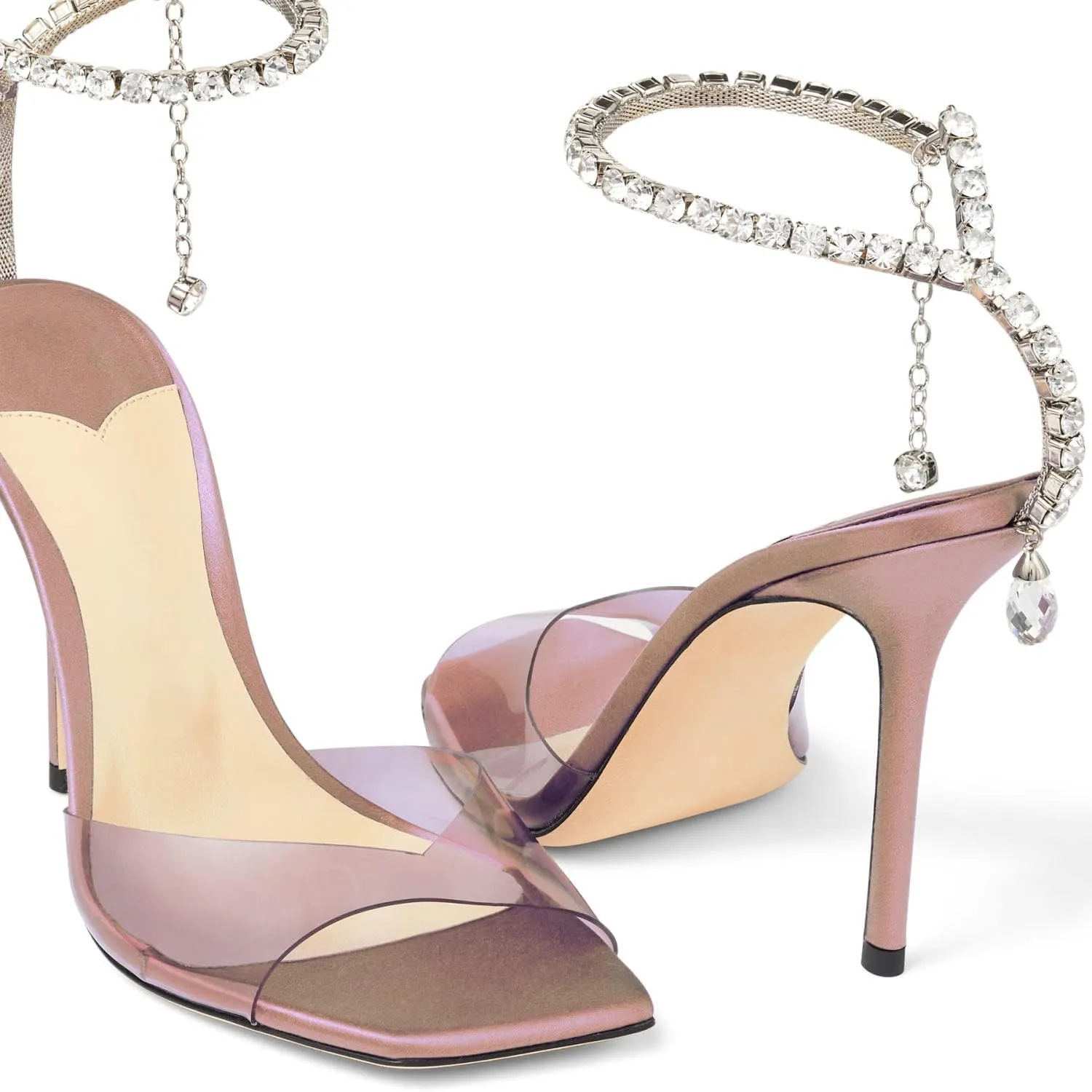 Women's Heeled Sandals Crystal Chain Ankle Strap Rhinestone Buckle Square Open Toe Stiletto High Heels Wedding Party Satin Dress Shoes