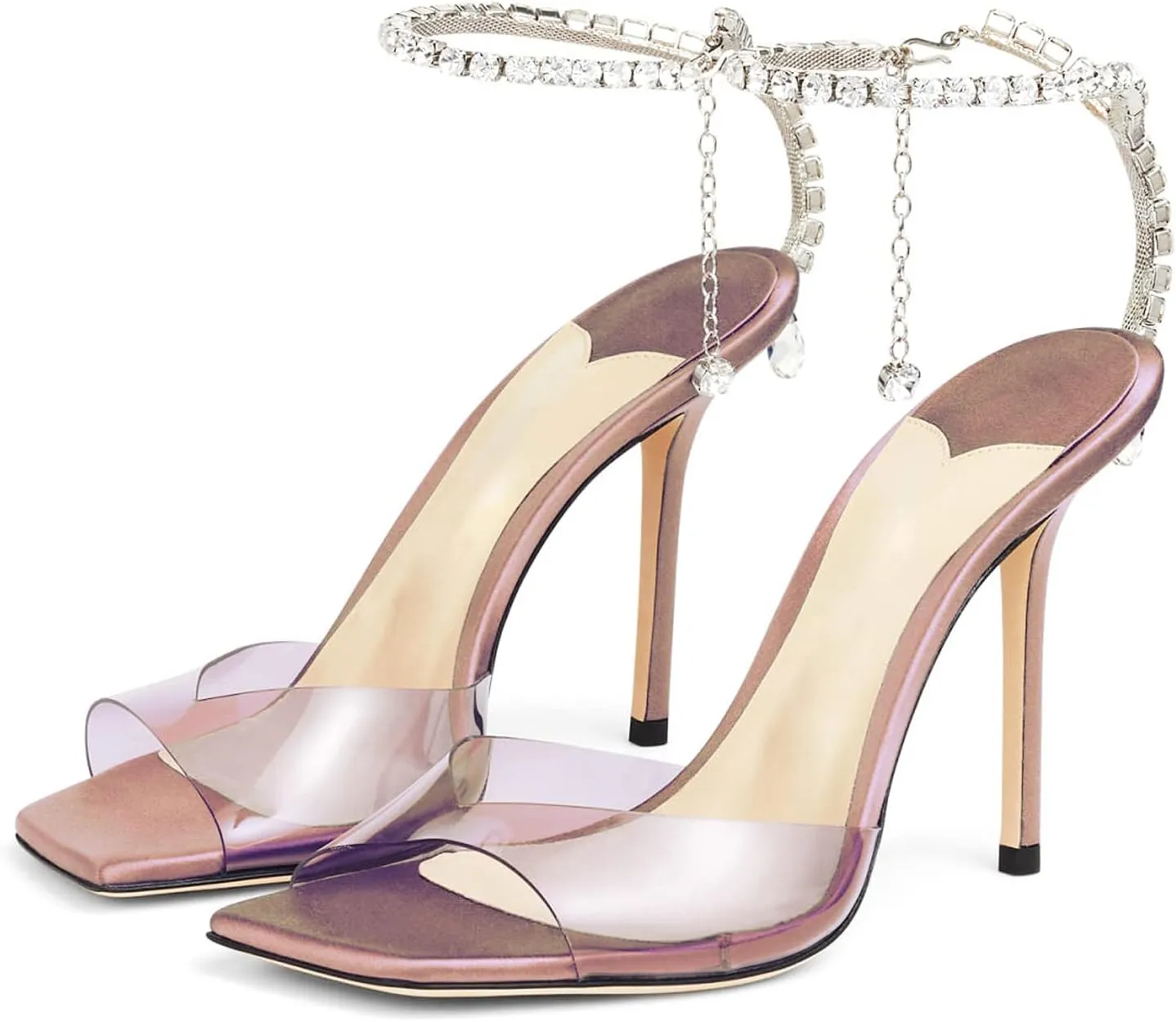 Women's Heeled Sandals Crystal Chain Ankle Strap Rhinestone Buckle Square Open Toe Stiletto High Heels Wedding Party Satin Dress Shoes