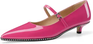Women's Low Kitten Heels Patent Leather Beaded Pumps Pointed Toe Dressy Mary Jane Heels with Strap Metal Buckle for Ladies Sexy