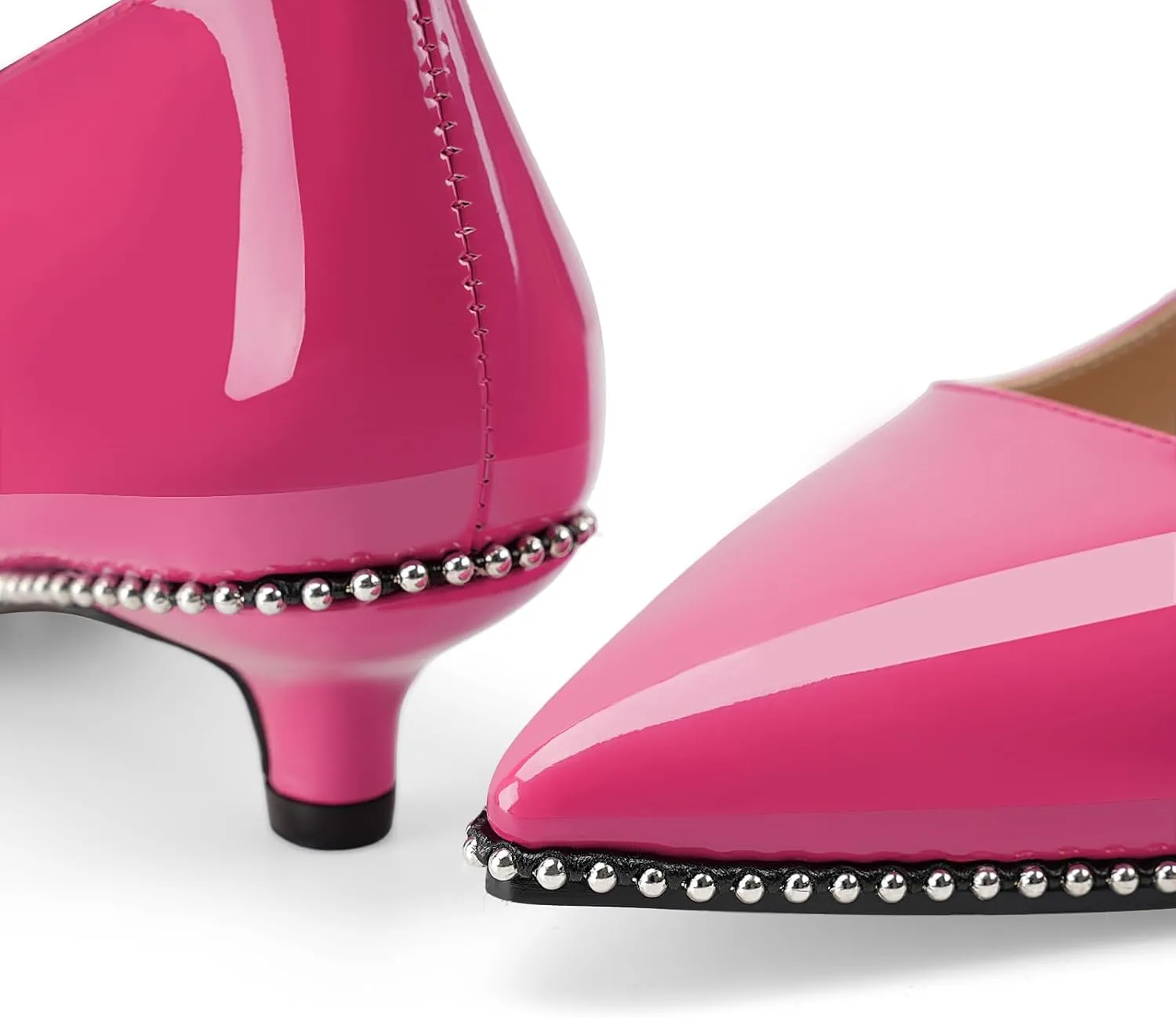 Women's Low Kitten Heels Patent Leather Beaded Pumps Pointed Toe Dressy Mary Jane Heels with Strap Metal Buckle for Ladies Sexy