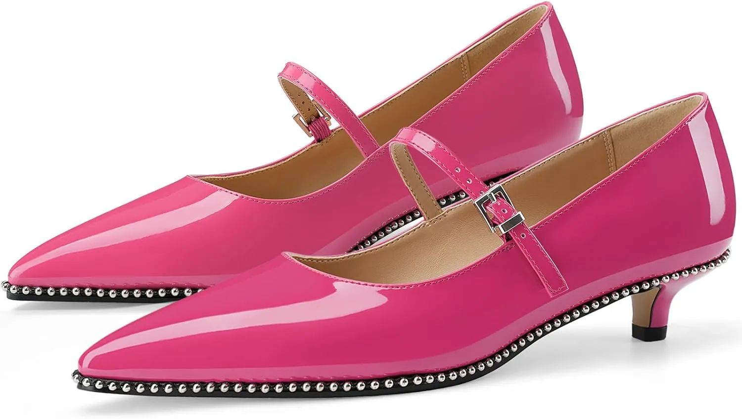 Women's Low Kitten Heels Patent Leather Beaded Pumps Pointed Toe Dressy Mary Jane Heels with Strap Metal Buckle for Ladies Sexy