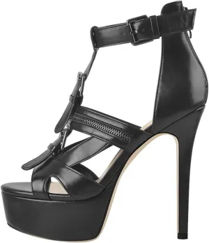 Women's Matte Black Sandals - Hollow Cutout Metal Buckle Platforms