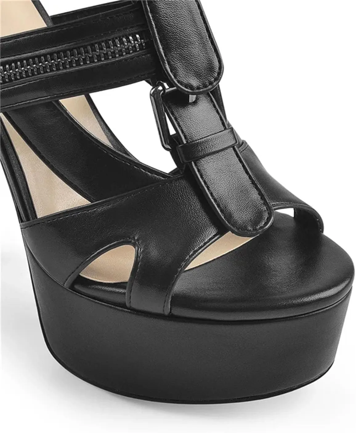 Women's Matte Black Sandals - Hollow Cutout Metal Buckle Platforms