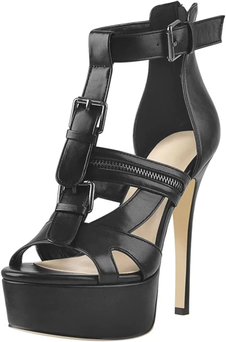 Women's Matte Black Sandals - Hollow Cutout Metal Buckle Platforms