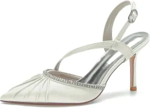 Women's Pointed Satin Wedding for Bride Comfortable Bridal Shoes with Crystal Ankle Strap Prom Party Slingback Shoes Pumps