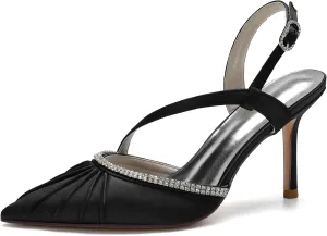 Women's Pointed Satin Wedding for Bride Comfortable Bridal Shoes with Crystal Ankle Strap Prom Party Slingback Shoes Pumps