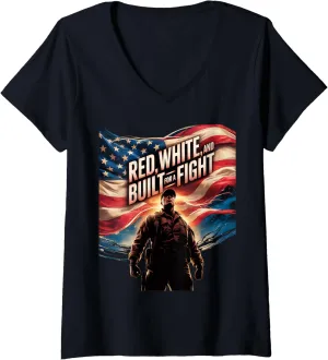 Womens Red White and Built for a Fight V-Neck T-Shirt