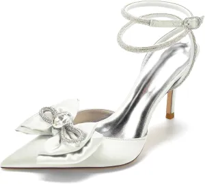 Women's Rhinstone Wedding Slingback Ankle Buckle Heels Adjustable Pointed Toe Bow Pumps High Heeled Prom Dress Shoes