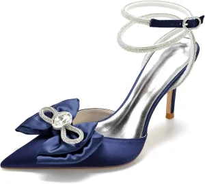 Women's Rhinstone Wedding Slingback Ankle Buckle Heels Adjustable Pointed Toe Bow Pumps High Heeled Prom Dress Shoes
