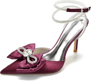 Women's Rhinstone Wedding Slingback Ankle Buckle Heels Adjustable Pointed Toe Bow Pumps High Heeled Prom Dress Shoes