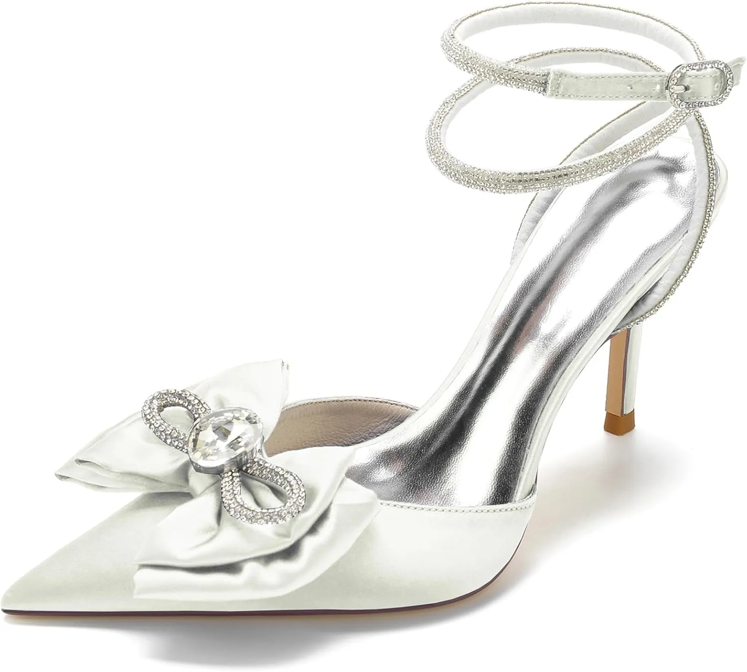 Women's Rhinstone Wedding Slingback Ankle Buckle Heels Adjustable Pointed Toe Bow Pumps High Heeled Prom Dress Shoes