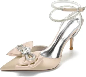 Women's Rhinstone Wedding Slingback Ankle Buckle Heels Adjustable Pointed Toe Bow Pumps High Heeled Prom Dress Shoes