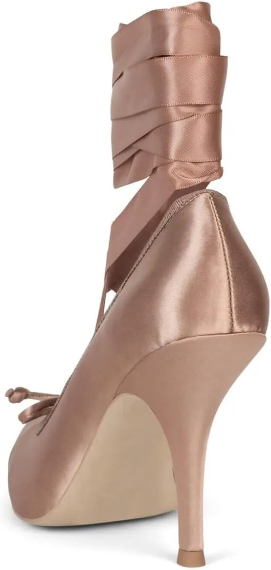 Women's Satin Ballet Heels Lace-Up Bows Stiletto High Heel Ballerina Pumps Elegant Party Dress Shoes