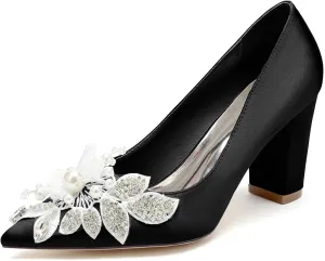 Women's Satin Bridal Shoes High Block Heel Slip On Office Work Pumps Closed Pointed Toe Wedding Dress Shoes Rhinestone Chunky Block Sandals