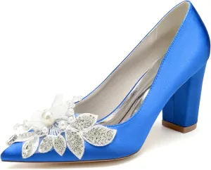 Women's Satin Bridal Shoes High Block Heel Slip On Office Work Pumps Closed Pointed Toe Wedding Dress Shoes Rhinestone Chunky Block Sandals