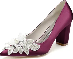 Women's Satin Bridal Shoes High Block Heel Slip On Office Work Pumps Closed Pointed Toe Wedding Dress Shoes Rhinestone Chunky Block Sandals