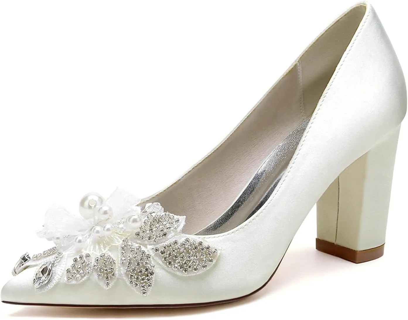Women's Satin Bridal Shoes High Block Heel Slip On Office Work Pumps Closed Pointed Toe Wedding Dress Shoes Rhinestone Chunky Block Sandals