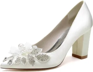 Women's Satin Bridal Shoes High Block Heel Slip On Office Work Pumps Closed Pointed Toe Wedding Dress Shoes Rhinestone Chunky Block Sandals