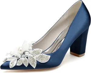 Women's Satin Bridal Shoes High Block Heel Slip On Office Work Pumps Closed Pointed Toe Wedding Dress Shoes Rhinestone Chunky Block Sandals