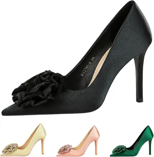 Women's Satin Flower Stiletto Heel Pumps Closed Pointed Toe Slip-on Stiletto High Heel Business Office Dress Shoes Elegant Bridal Party Wedding Shoes