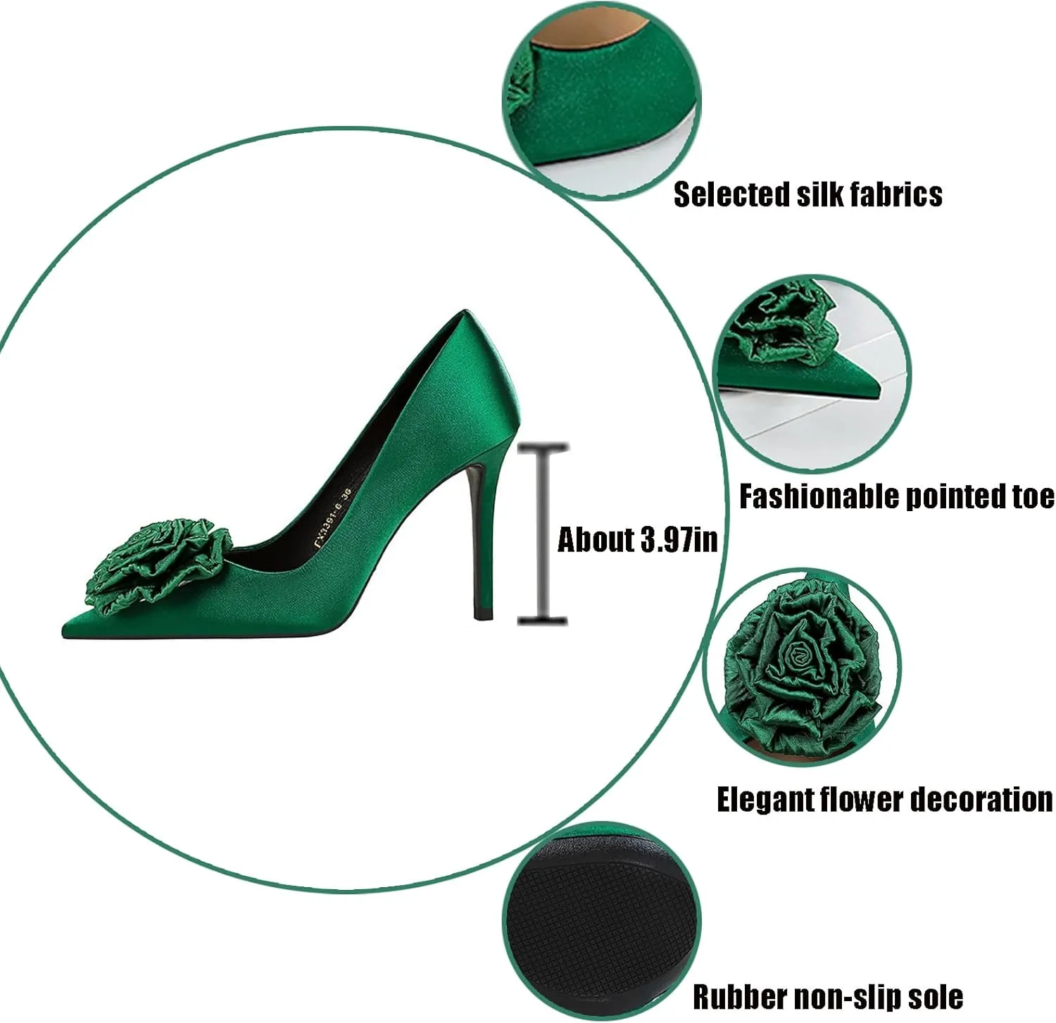 Women's Satin Flower Stiletto Heel Pumps Closed Pointed Toe Slip-on Stiletto High Heel Business Office Dress Shoes Elegant Bridal Party Wedding Shoes