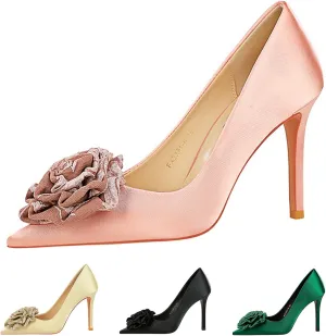 Women's Satin Flower Stiletto Heel Pumps Closed Pointed Toe Slip-on Stiletto High Heel Business Office Dress Shoes Elegant Bridal Party Wedding Shoes