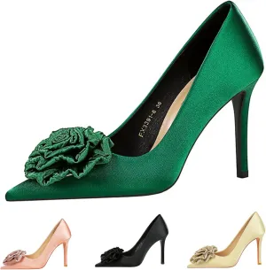 Women's Satin Flower Stiletto Heel Pumps Closed Pointed Toe Slip-on Stiletto High Heel Business Office Dress Shoes Elegant Bridal Party Wedding Shoes